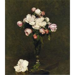 White Roses and Roses in a Footed Glass Painting Reproduction
