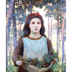 Girl Gathering Fir Cones Painting Reproduction