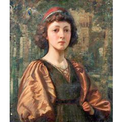 Portrait of a Girl with Peacock Feather Painting Reproduction