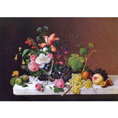 Fruit and Flowers on a Marble Table Ledge Painting Reproduction