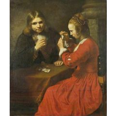 A Young Man and a Girl Playing Cards Painting Reproduction