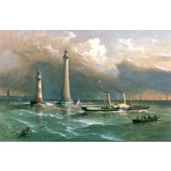 HMS ’Vivid’ Passing the Old and New Eddystone Lighthouses, the Channel Squadron in the Distance Painting Reproduction