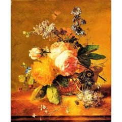 Flowers in a Basket on a Marble Ledge Painting Reproduction