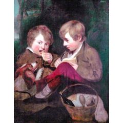 Two Boys Picnicking with a Dog Painting Reproduction