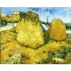 Stacks of Wheat near a Farmhouse Painting Reproduction