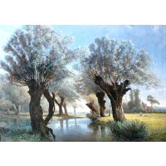River with Pollard Willows Painting Reproduction