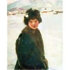 Portrait of a young girl on the background of a winter landscape Painting Reproduction