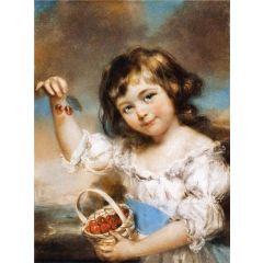 Small Girl Presenting Cherries Painting Reproduction