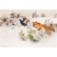 Winter Landscape with Fox and Black Grouse Painting Reproduction