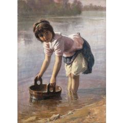 Girl Doing Laundry in a River Painting Reproduction