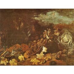 Still Life with a Basket of Potatoes, with Autumn Leaves and Vegetables Painting Reproduction