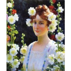 Among the Hollyhocks Painting Reproduction