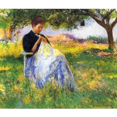 A Girl Sewing in an Orchard Painting Reproduction