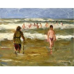 Boys Bathing with Beach Warden Painting Reproduction