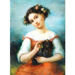 Girl Crowned with Roses, Holding a Dog Painting Reproduction