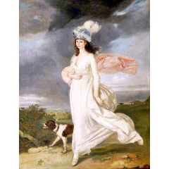 A Windswept Girl in a Turban Walking with a Dog Painting Reproduction