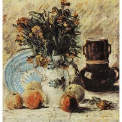 Vase with Flowers, Coffee Pot and Fruit Painting Reproduction