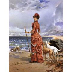 Elegant Lady Walking Her Greyhounds on the Beach Painting Reproduction