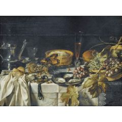 Still Life with a Pie, Basket of Grapes, Pitcher and Watch Painting Reproduction