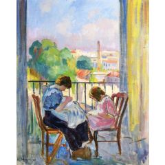 Girl Sewing at the Window Painting Reproduction
