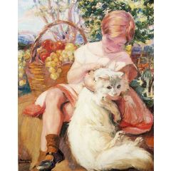 Chica con gato, also known as El gato de angora Painting Reproduction