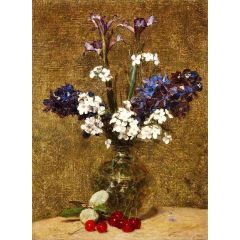 Flowers: Iris and Hyacinths, with Cherries and Almonds on the Table Painting Reproduction