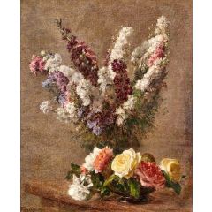 Roses and Larkspur Painting Reproduction