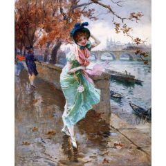 Elegant Lady on the Quay of Paris Painting Reproduction
