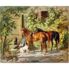 Horses by the Porch Painting Reproduction