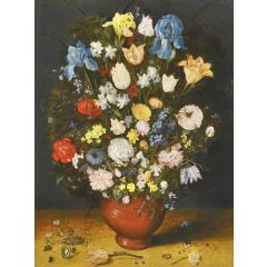 Still life with irises, tulips, roses, narcissi and fritillary in a ceramic vase Painting Reproduction