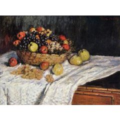 Fruit Basket with Apples and Grapes Painting Reproduction