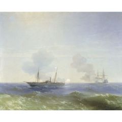 Battle of steamship Vesta and Turkish ironclad. Painting Reproduction
