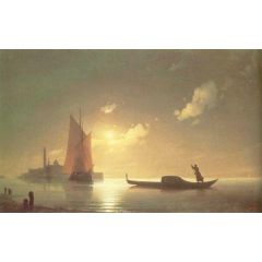The gondolier on sea at night Painting Reproduction