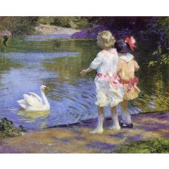 Children with a Swan Painting Reproduction