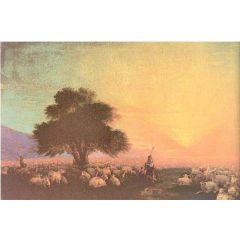 Flock of sheep with herdsmen, sunset Painting Reproduction