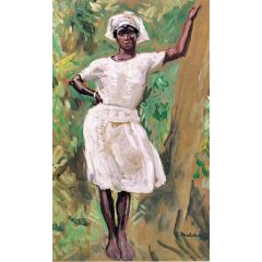 Sketch of Young Black Woman in White Dress and Hat Painting Reproduction