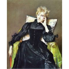 Seated Woman in Black Dress Painting Reproduction