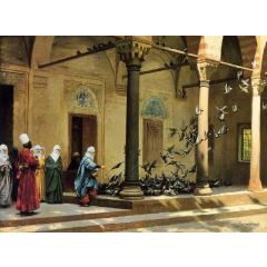 Harem Women Feeding Pigeons in a Courtyard Painting Reproduction