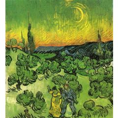 Landscape with Couple Walking and Crescent Moon Painting Reproduction