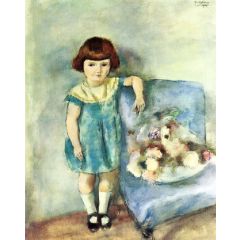 Little Girl beside a Bunch of Flowers Painting Reproduction