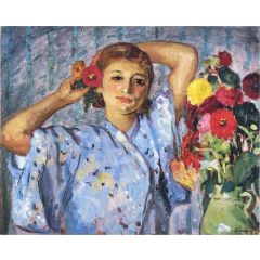 Young Woman with Flowers Painting Reproduction