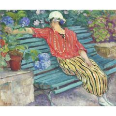 Young woman seated with hydrangeas Painting Reproduction