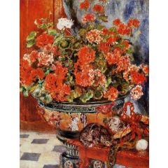Geraniums and Cats Painting Reproduction