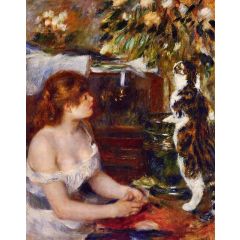 Young Girl with Cat Painting Reproduction