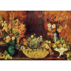 Vase, Basket of Flowers and Fruit Painting Reproduction