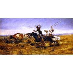OH Cowboys Roping a Steer Painting Reproduction
