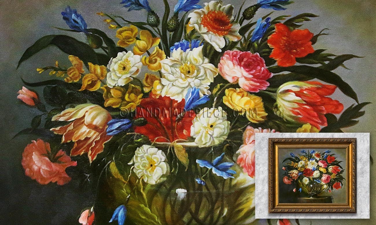 Still Life with Roses, Tiger Tulips, White and Blue Aquilegia, Peonies and Delphinium, etc
